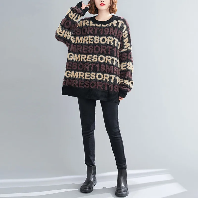 

Johnature New Korean Letter Print Pullover Sweaters For Women 2021 Winter Casual O-neck Knitting 3 Colors Female Sweaters