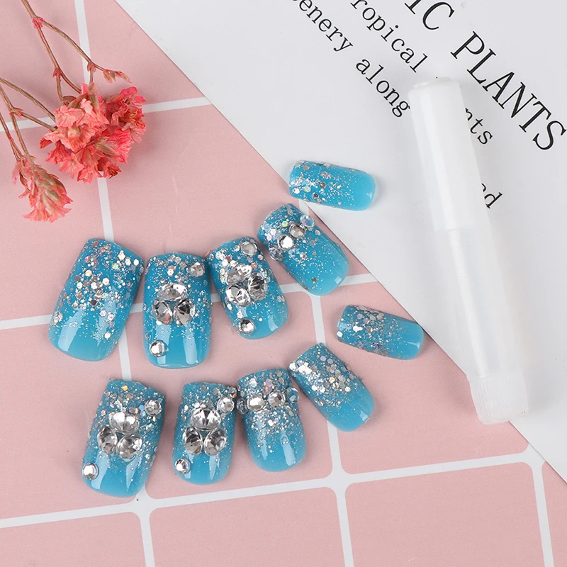 Женские короткие полностью покрывающие блестящие синие 3D накладные ногти для