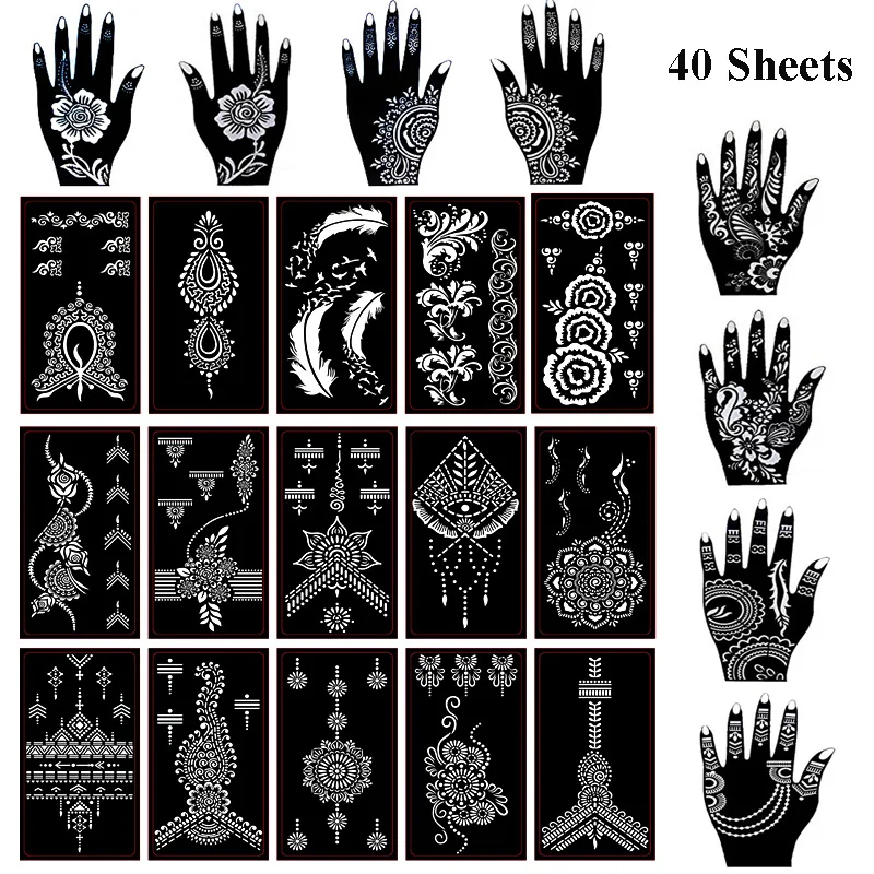 Plantillas de tatuaje de Henna autoadhesivas, 40 hojas, conjunto de plantillas de Henna para tatuaje, arte corporal, pintura, aerógrafo indio árabe
