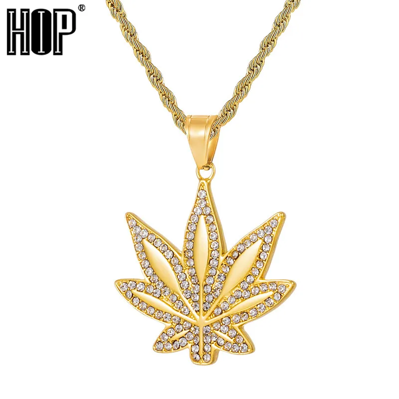 

HIP Hop Gold Color Stainless Steel Bling Iced Out Rope Chain Hemp Leaf Pendants & Necklaces for Men Jewelry