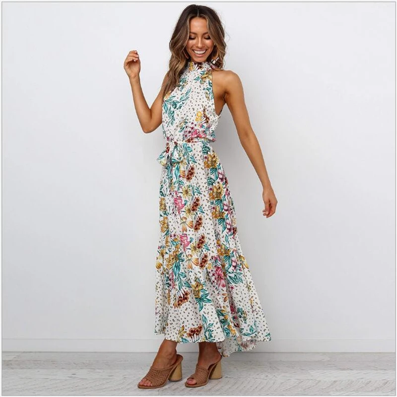 

Summer Elegant Sexy beach long Dress Women 2020 Fashion Print Flowers Polka-dot strap Ladies Halter boho dress women vestidoR609