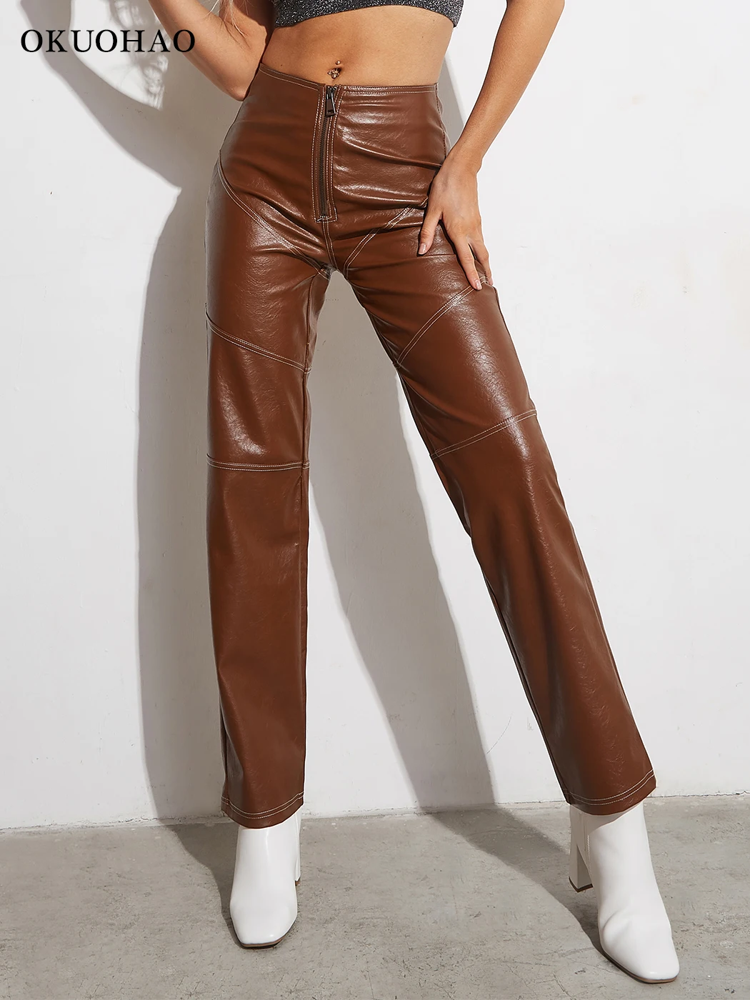 

Женские брюки из искусственной кожи с высокой талией, однотонные прямые широкие брюки из искусственной кожи Y2k, брюки из ПУ кожи, Мешковатые ...