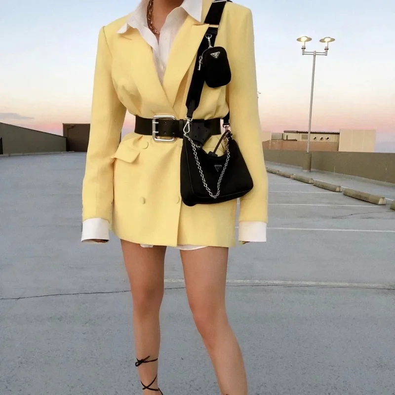 

Yellow British Style Blazer 2021 Women Solid Colors Double Breasted Casual Office Blazer Suit New Fashion Work Commute Clothing