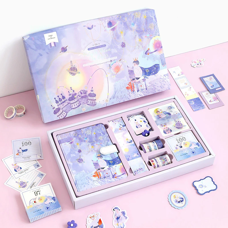 

Notebook with Stickers Tape Hand Book Set Gift Box Pink Purple Girl Diary Student School Stationery Christmas Present
