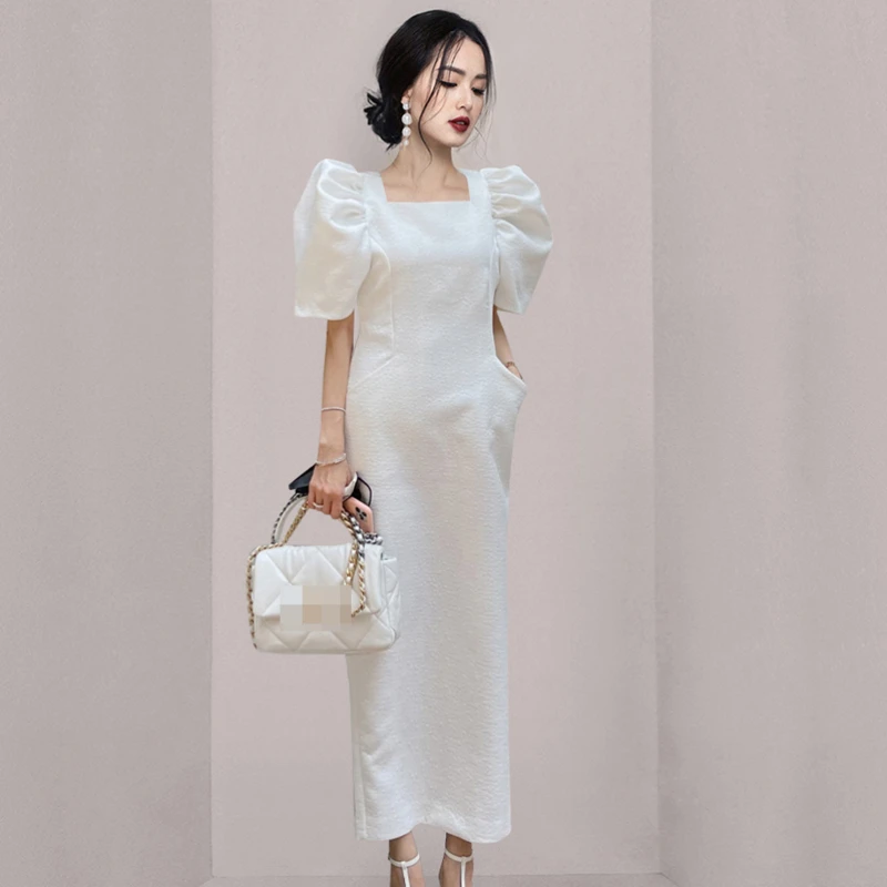 

Elegant Women White Mixi Dress Korean Clothing Ladies Puff Sleeve Slim Square Collar Dress Fashion Vestidos Summer Femme Robe