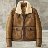 mens shearing jacket brown lapel short style leather jacket b3 bomber coat