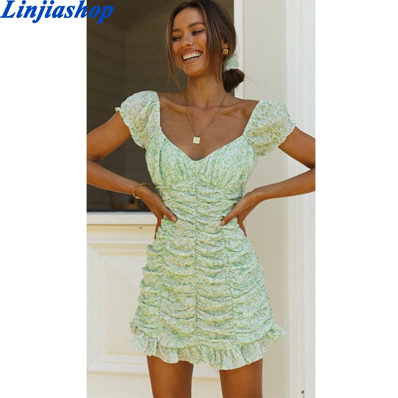 

Vintage Floral Green Print Cotton Ruched Vestidos Summer Cap Sleeve Women Mini Dress Ruffles Dresses