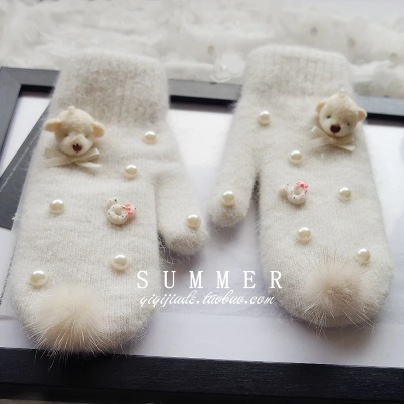 

Double-layer rabbit hair gloves female winter Korean version of solid color all fingers winter women gloves girls mittens