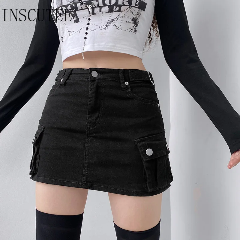 

Джинсовые шорты Inscutee Y2k в стиле панк, женские винтажные юбки в стиле гранж, хлопковые обтягивающие мини-юбки с высокой талией в уличном стиле