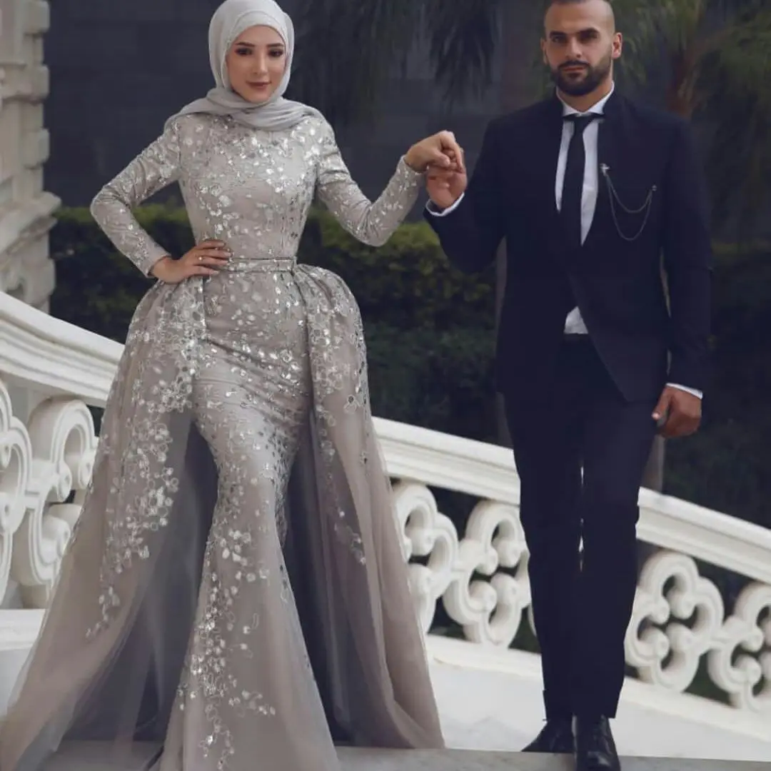 

Muslim Mermaid Wedding Dress with Detachable Skirt Lace Sequins Trumpet Bridal Gowns Long Sleeves Bohemian Robe De Soirée