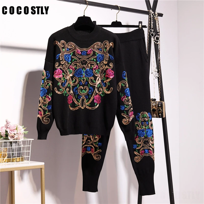 

High quality desiger tracksuit women pantsuit floral embroidered sweaters+casual pants 2pieces set women leisure suit