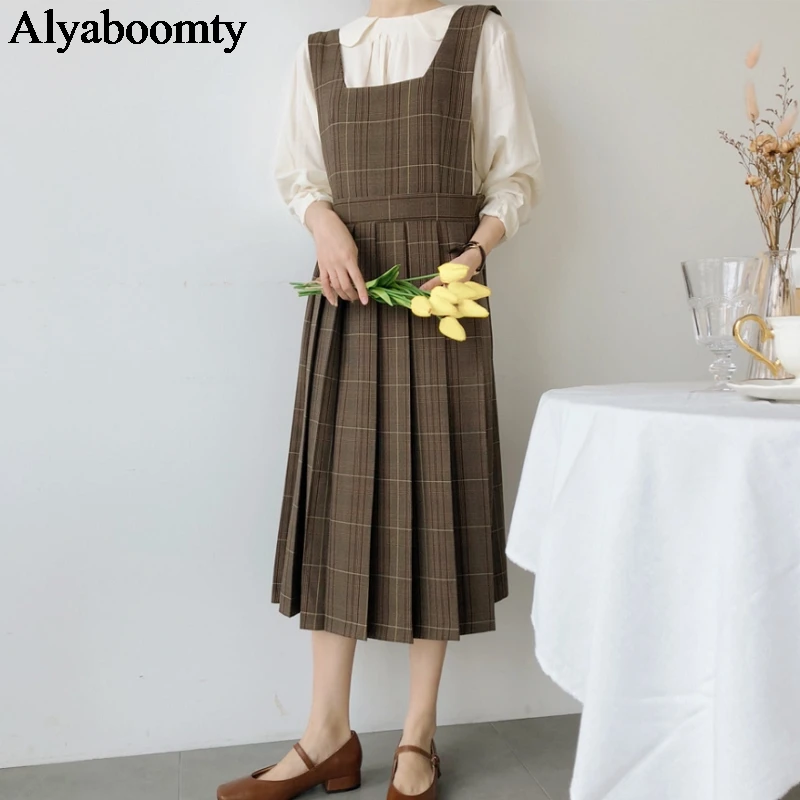 Корейский стиль осень зима женский плиссированный сарафан Винтаж плед