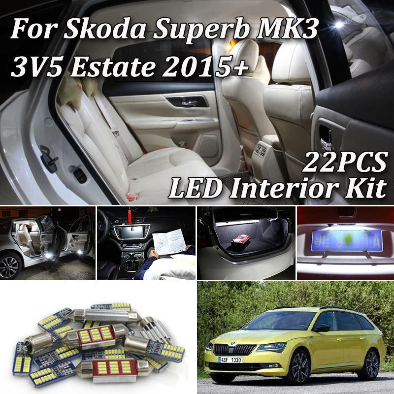 

22PCS White Canbus Error Free LED interior lamp light Package Kit For Skoda Superb 3 MK3 MKIII Estate Combi 3V5 2015+