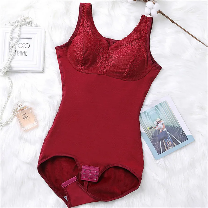 Winter Bodysuits Underwear Women Wine Red Shapewear Lace Thick Bodysuit With Cup Warm Thermal Bodys