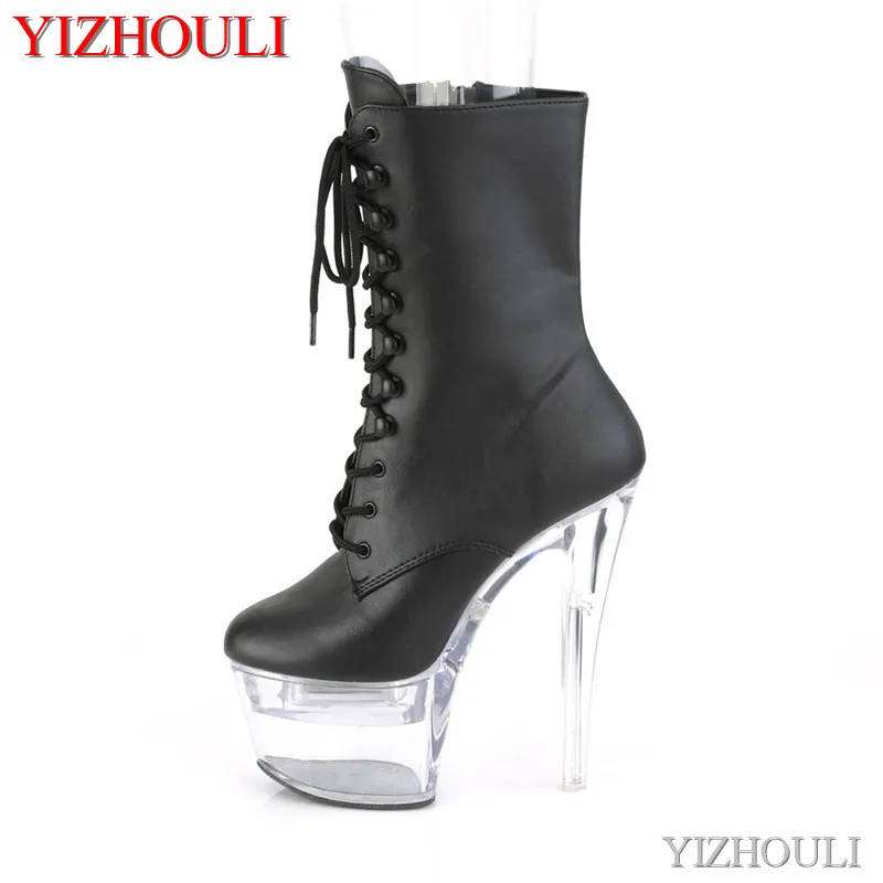 

17cm banquet boots PU material 7-inch model transparent stiletto heels, nightclub pole dancing ankle boots