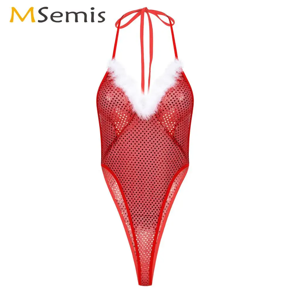 

Mrs Santa Claus Lingerie for Women Shiny Sequins Feather Trim Teddy Bodysuit Sexy Christmas Costumes Open Back High Cut Catsuit