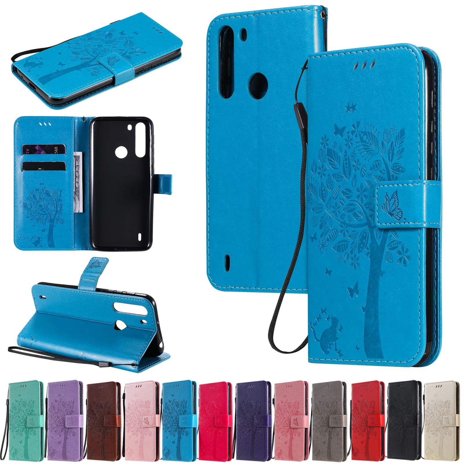 

3D Embossing Cat & Tree Flip Cover for Motorola Moto one Fusion/edge/G 5G Plus/G9 Play/E6 E7 Plus/G8 Power PU Leather Case Stand