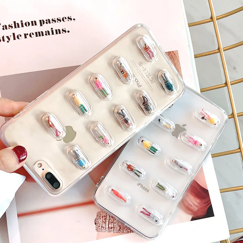 

Funny 3D Cute Pills Capsules Cartoon Clear Case For iPhone 11 12 Pro X XR XS Max 7 8 6 6s Plus Transparent Soft Cover