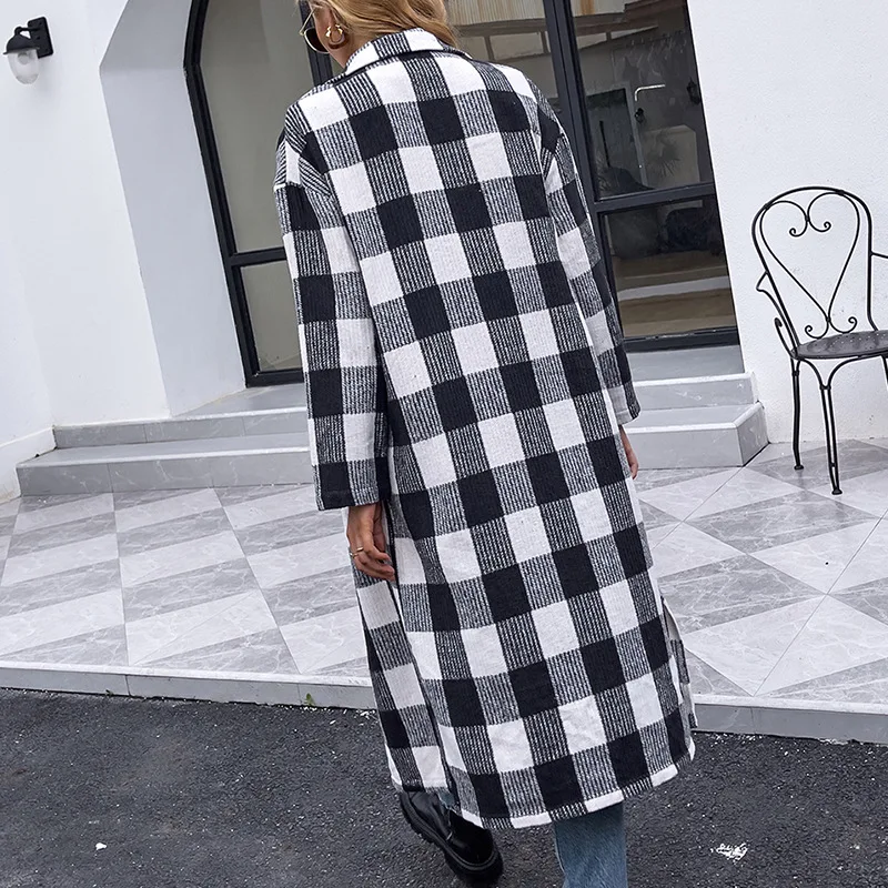 Outwear Cardigan Mujer Wool Blends Black and White Plaid Trench Coat Checked Overcoat Long Sleeve Jackets for Women 2021 Fashion