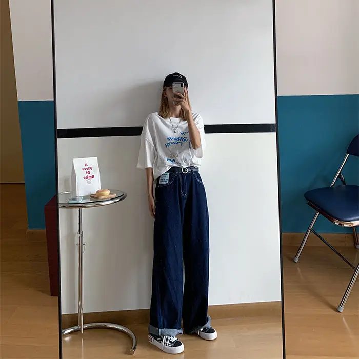 

Autumn high waist large jeans children loose show thin fat sister fat mm200kg straight tube wide leg trousers versatile