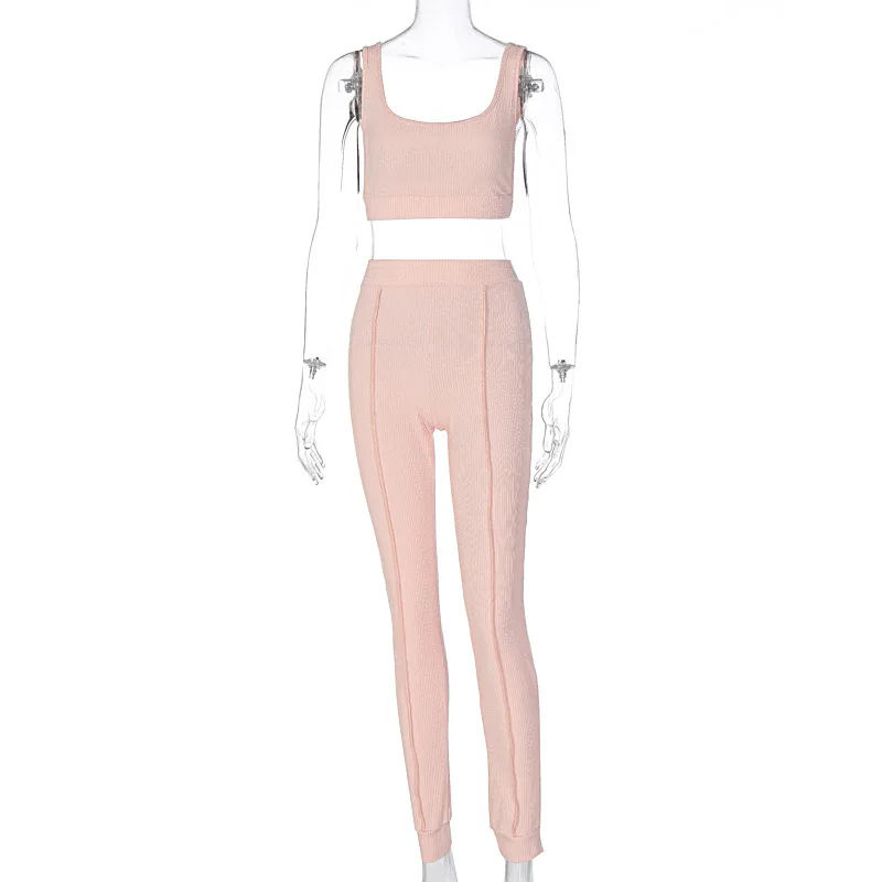 

Casual knit ribbed Two Piece Sporttsuit Crop Tank Top + Long Pants Fintness Clothes For Women