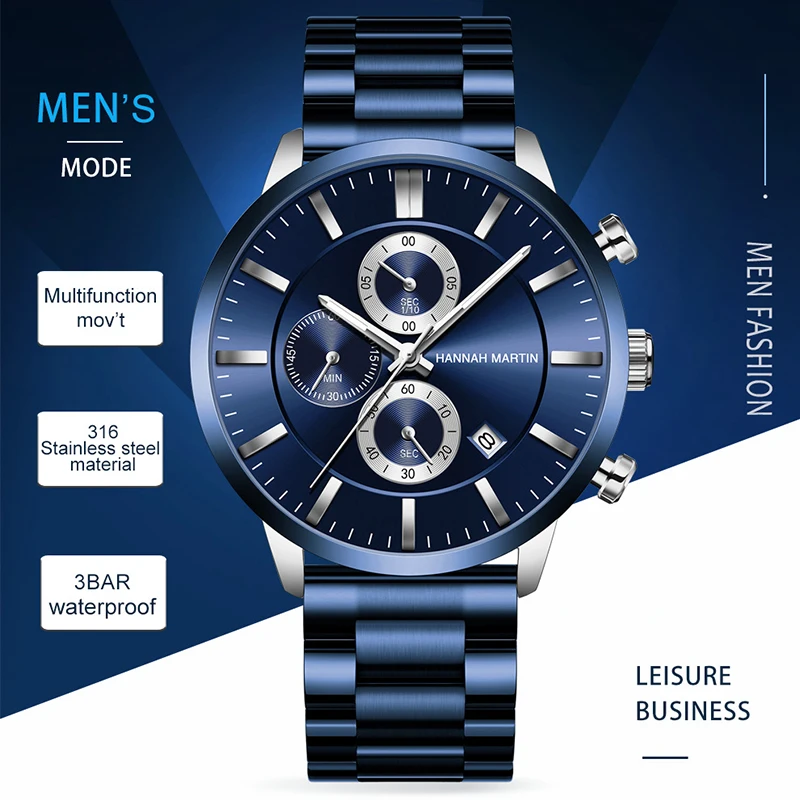 

New Blue Solid Stainless Steel Band Business Multi-function Calendar Waterproof Top Brand Luxury Wrist Watches For Men