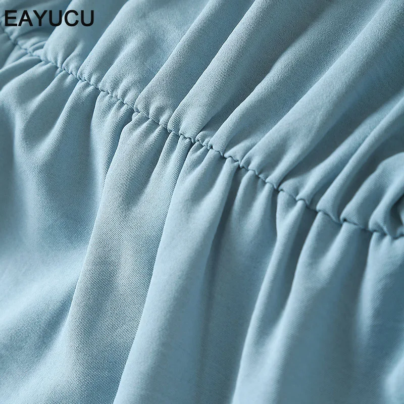 

EAYUCU Elegant Solid Blue V Neck Women Summer Long Dress Ruffles Irregular Short Sleeve Ladies Chic Party Dresses Vestidos ED264