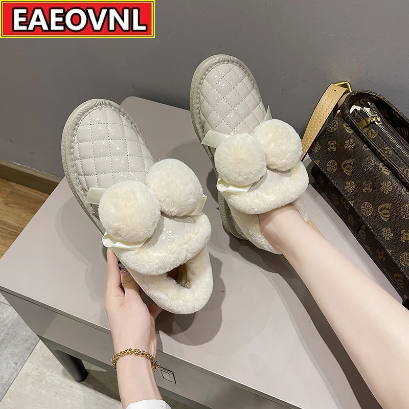 

Women's Wool Shoes Korean Round Head Flat Bottom with Low Top Loafers Women's Cotton Shoes Winter Fleece Warm Snow Boots