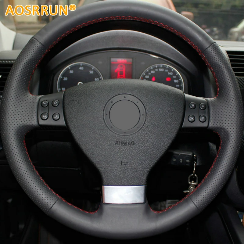 AOSRRUN Car accessories Leather Car Steering Wheel Covers For Volkswagen Golf 5 Mk5 VW Passat B6 Jetta 5 Mk5 Tiguan 2007-2011