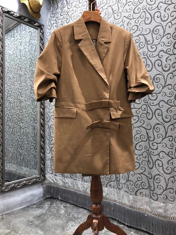 

2021 new women fashion lapel symmetrical pocket sleeves wrinkled solid color mid-length top coat 1014
