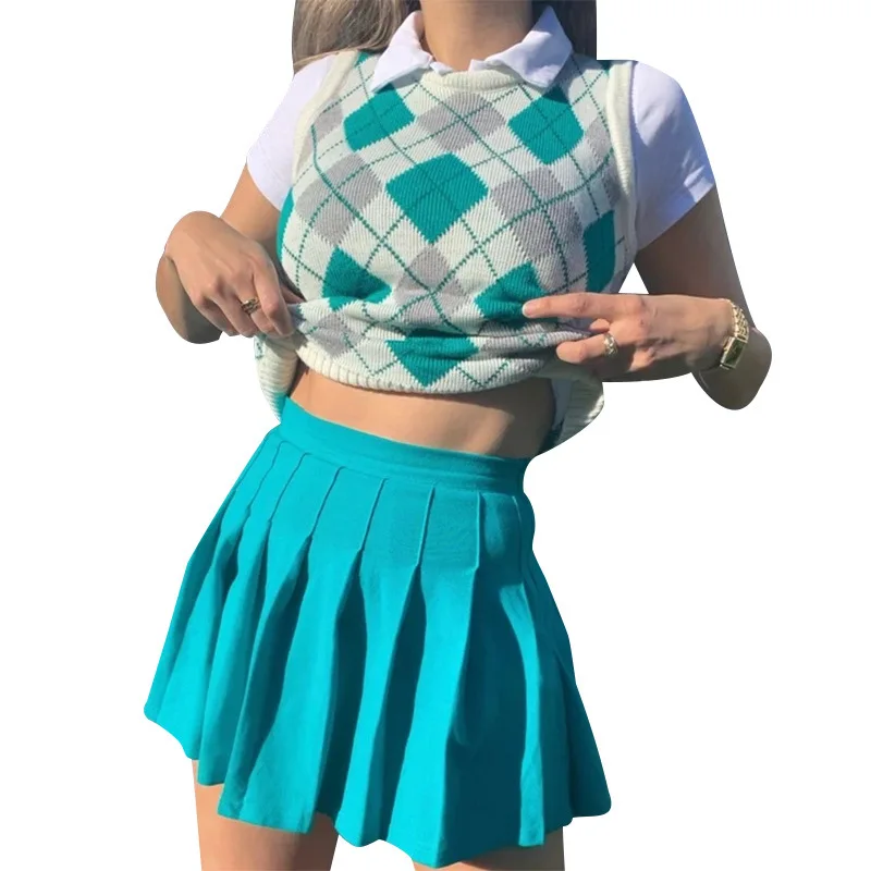 

2021 European and American new style Y2K diamond check color contrast woolen vest sexy round neck all-match women's shirt