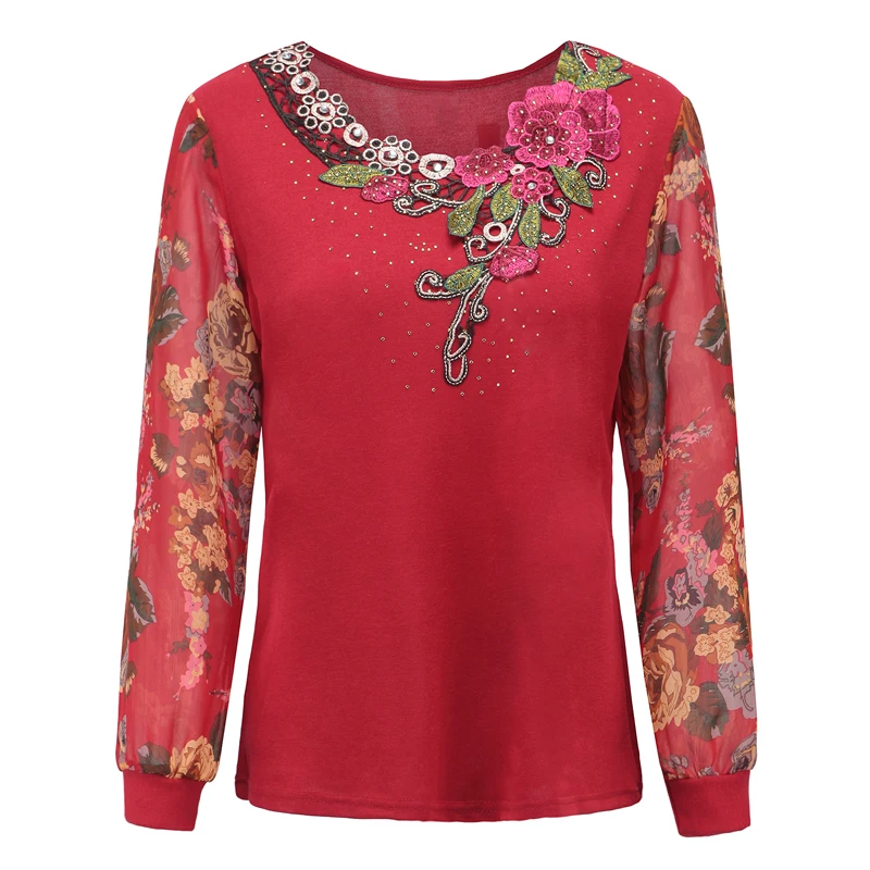 Женская трикотажная футболка для женщин среднего возраста с трехмерной вышивкой