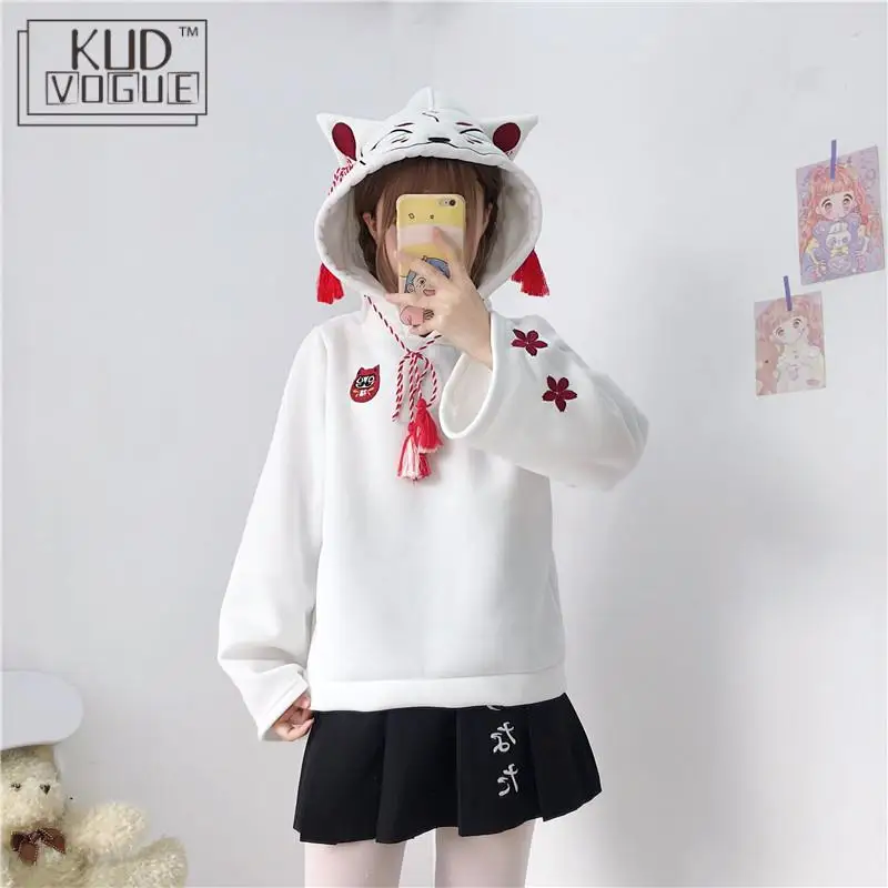 Женская толстовка с длинным рукавом Harajuku Kawaii милая капюшоном и вышивкой лисы