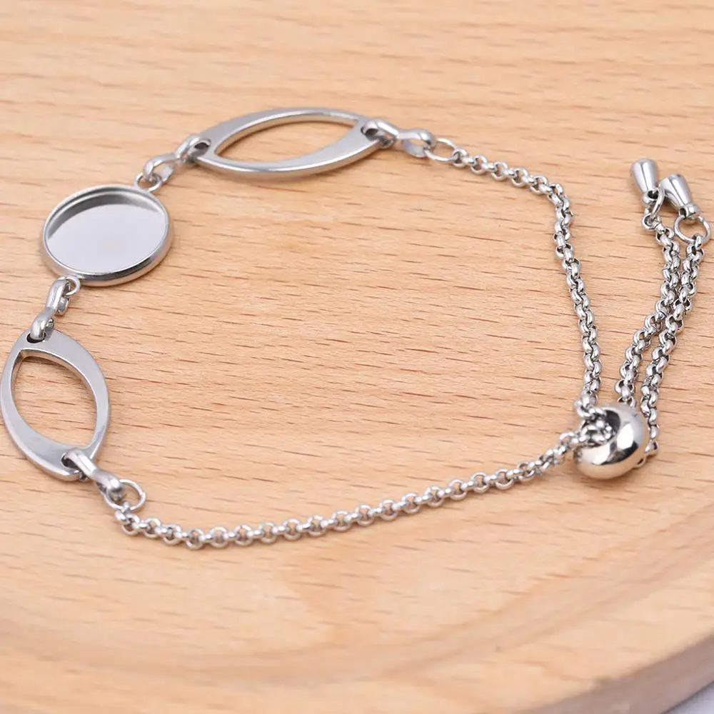 

2pcs fit 12mm round cabochon bracelet setting blanks stainless steel ajdustable chain bracelets bezel findings