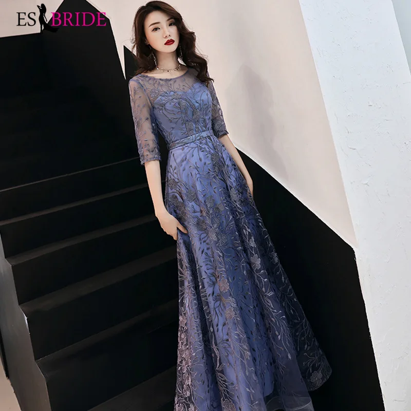 ES2746 Robe De Soiree вечерние платья с коротким рукавом длинные трапециевидные Формальные платья в пол с круглым вырезом женские элегантные платья