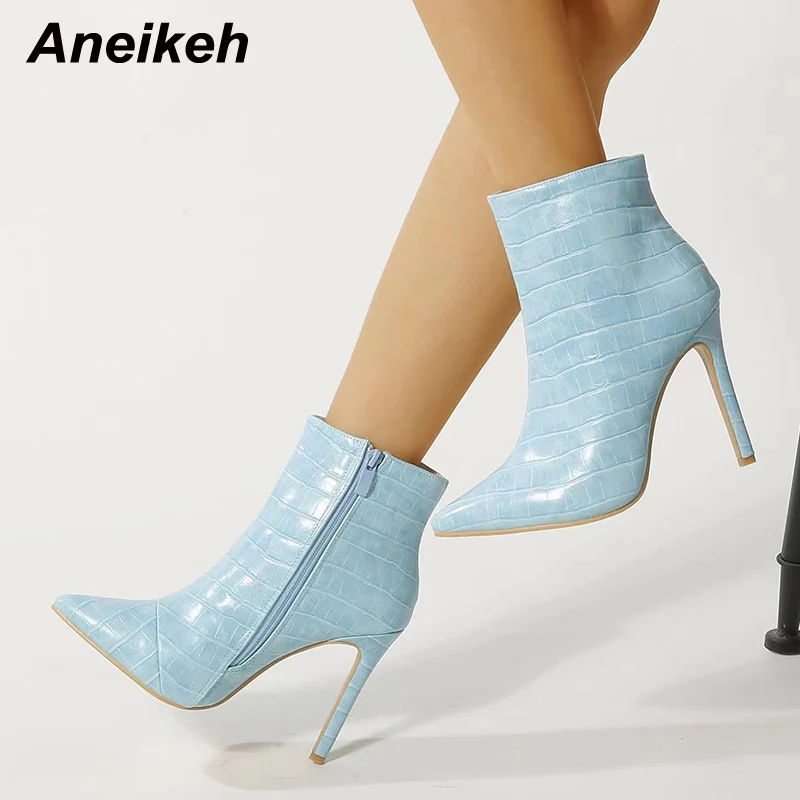 

Aneikeh 2022 New Winter Solid PU Thin Heels Pointed Toe Mid-Calf Boots Chelsea Sexy Fashion Women's Shoes Concise ​Zipper Adult