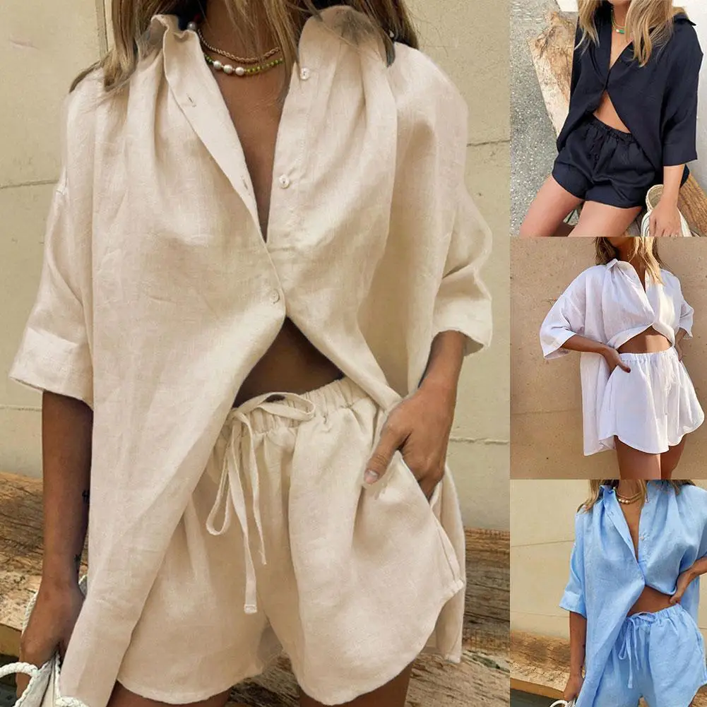 

Summer Ladies Casual Suit Blouse Shorts Set Soft Cotton Oversized Boho For Party Waist Holiday High Shirt Loose Shorts Vint I9T1