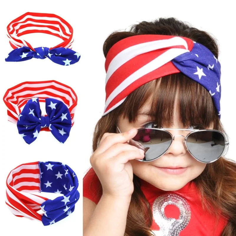 

4th of July Headband American Flag Pattern Bow-knot Turbans Elastic Cloth Cute Hairband Hair Accessories for Independence Day