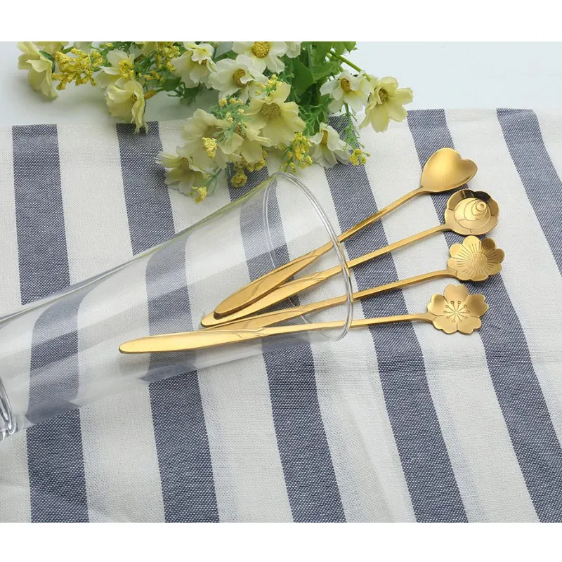 1 шт. ложка из нержавеющей стали с цветком и сердечком кофейный чай розовое золото