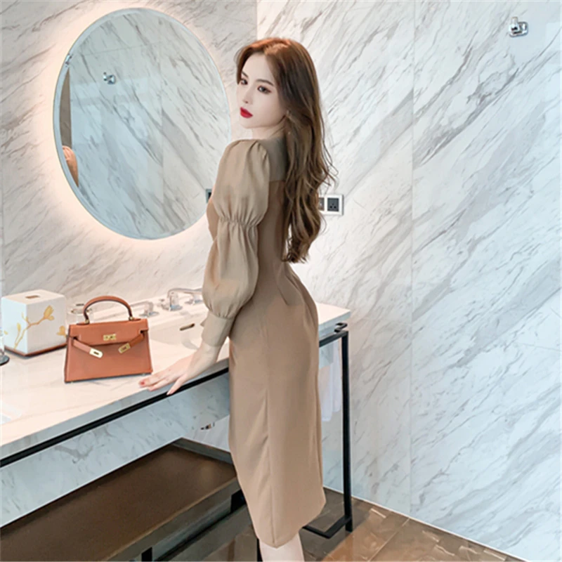 

Fashion Women V-neck Dresses Fold Slim Irregular Dress Solid Color Long Sleeve Dress Suit Dress Commute Temperament Y158