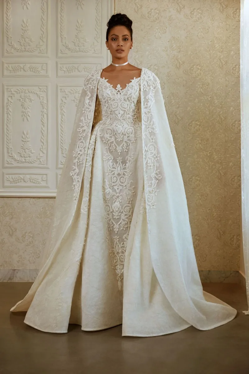 

Arabic Dubai Wedding Dress with Cape Sheer Neck Lace Appliqued Bridal Gowns Formal vestidos de novia 2021 robe de mariée