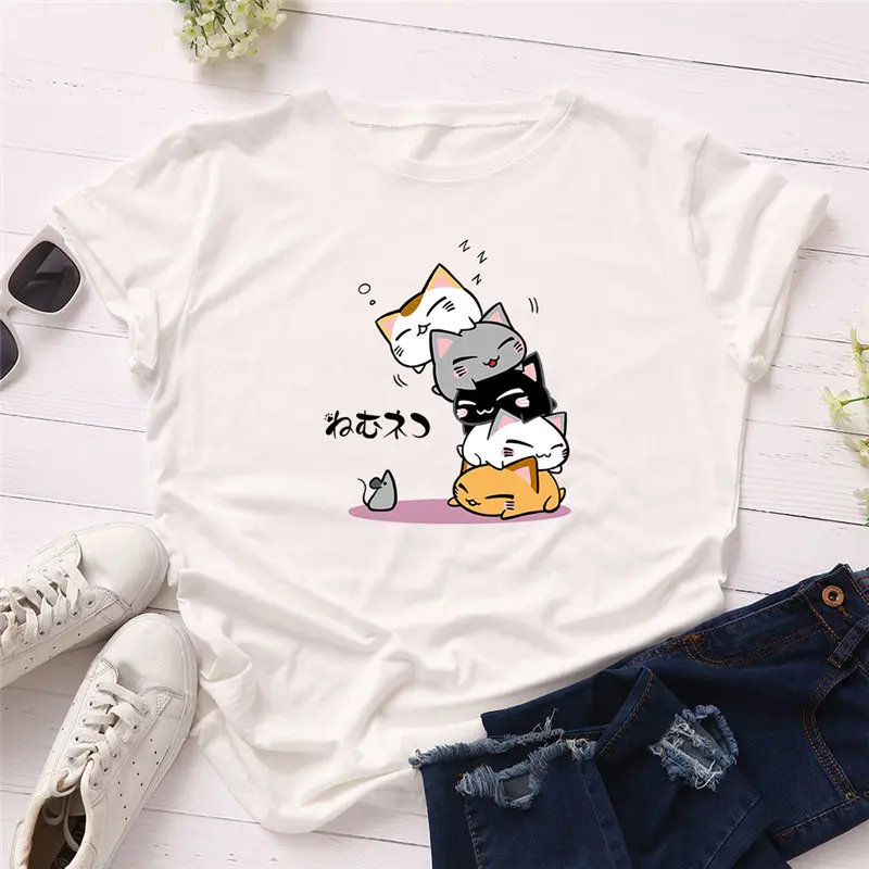 Летняя женская футболка размера плюс из 100% хлопка с милым рисунком кота