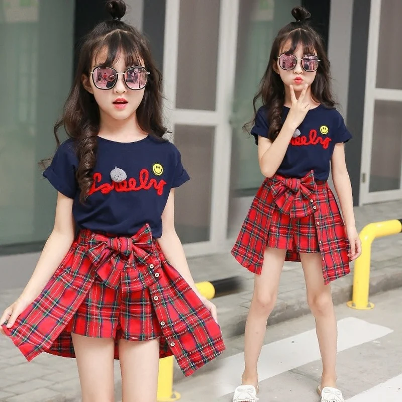 

2021 New Fashion Summer Girls Clothing Set Child Clothes Summer Girls Boutique Outfits T-shirt + Plaid Shirt 2 to 15 Years
