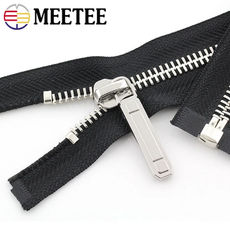 Meetee 1pc 70-150cm 8# Metal Zipper Open-End Auto Lock Single Open Silver Tooth Decor Zip DIY Jacket Coat Textile Accessory |