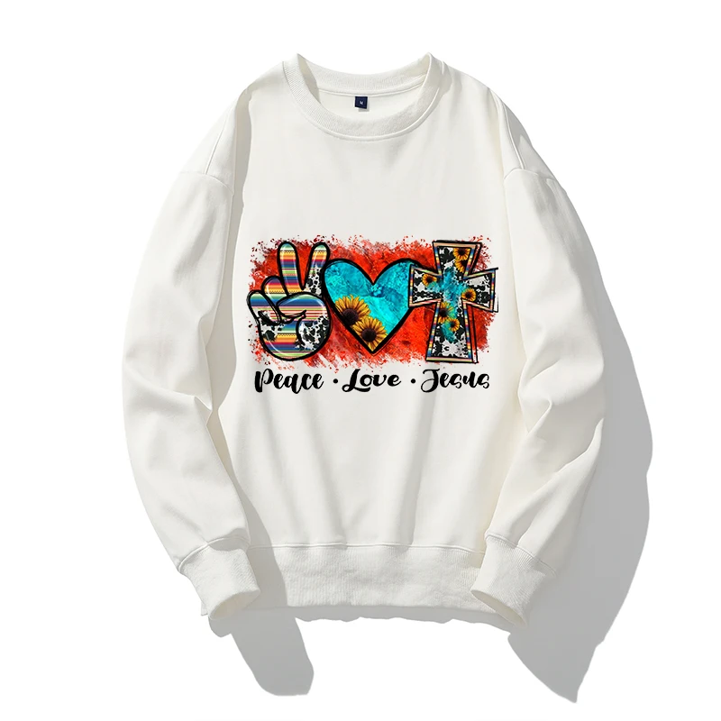 

Hot Sale Women Hoodies Peace Love Jesus Print O Neck Graphic Hoodies 100% Cotton Womens Plus Size Tops
