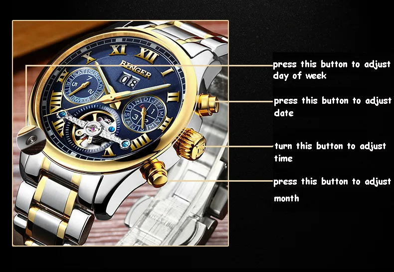 Швейцарские Бингер мужские часы люксовый бренд Tourbillon сапфир светящиеся несколько функций механические наручные часы B8602-7