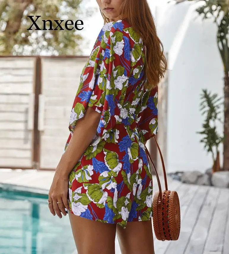 

Women Floral Print V-Neck Half Sleeve Lace-Up Slim Mini Playsuits Summer Casual Loose Beach Bohemian Jumpsuit Rompers