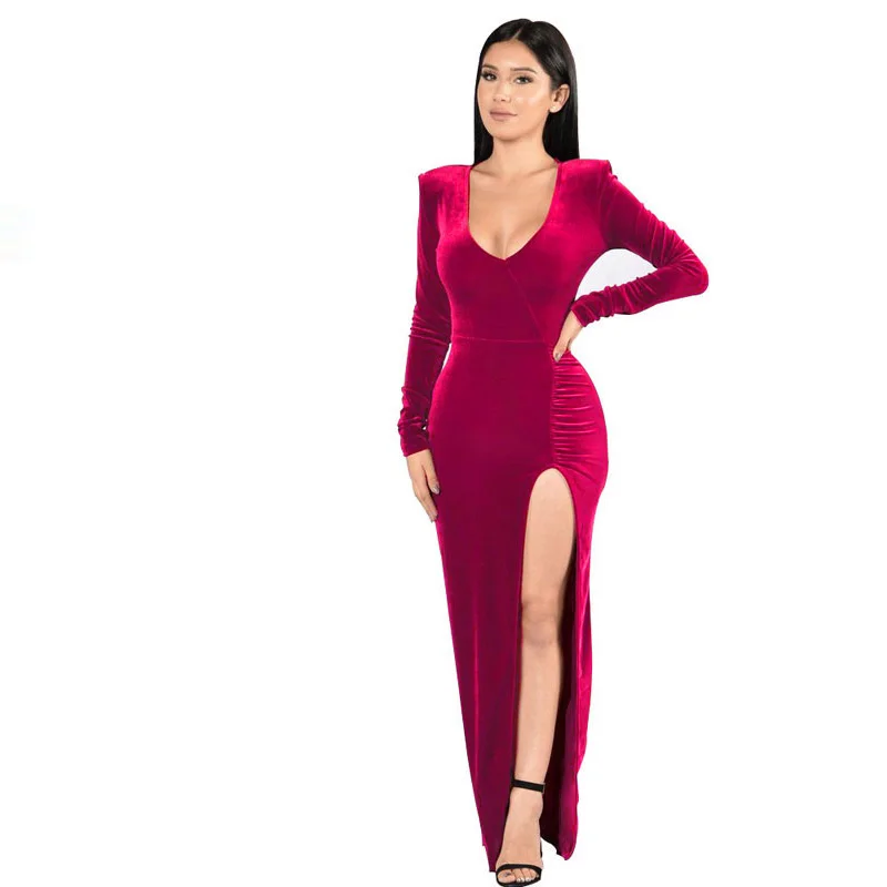 Женское длинное велюровое платье макси с высокой талией Бархатное облегающее