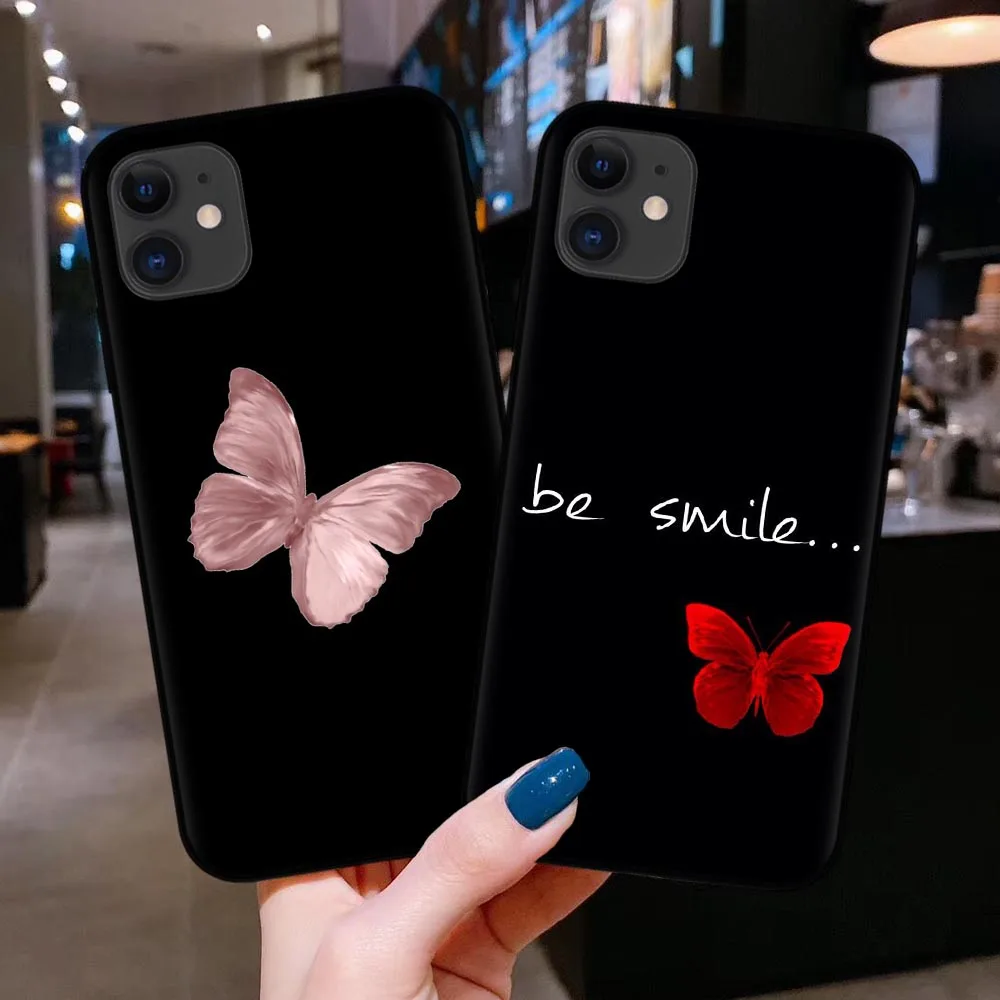 

Beauty Pink Butterfly Phone Case For iphone 11 12 Mini Pro Max Soft Silicone Black Back Cover For iphone 6 SE 7 8 plus X XR XS