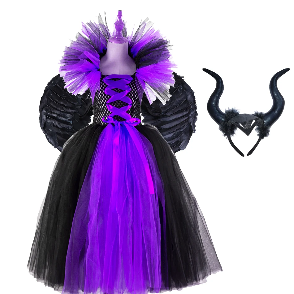 

Disney Maleficent Cosplay Dress Girls Witch Tutu Clothing Headwear Wings Halloween Evil Queen Fairy Cosplay Vestidos for Kids
